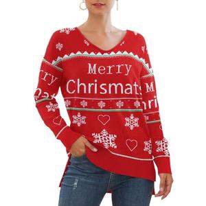Jouica Christmas Sweaters for Women 2025 Causal Lightweight Long Sleeve Hollow Out Sweater V Neck Cable Knit Pullover Jumper Fall Outfits for Women, Christmas Words Misspelled on Sweater, Medium