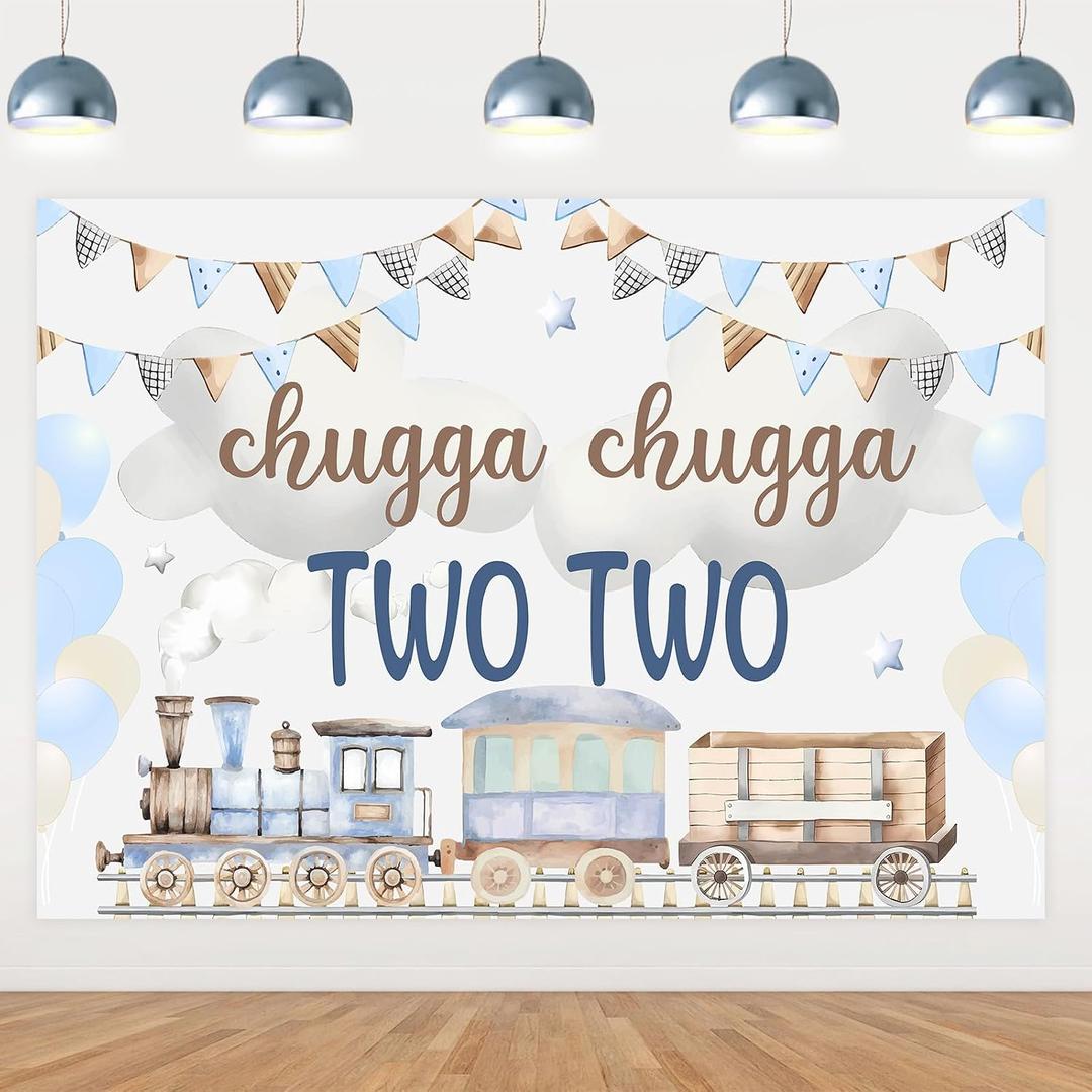 Chugga Chugga Two Two Party Decorations Backdrop Banner 75ft for Train 2nd Second Birthday Party Decoration for Boy
