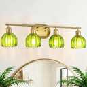 Gold Bathroom Light Fixtures, 4-Light Vanity Lights for Bathroom with Ribbed Green Tulip Glass Shade, Brass Wall Scone Lighting Over Mirror for Farmhouse,Bedroom,Living Room,Hallway