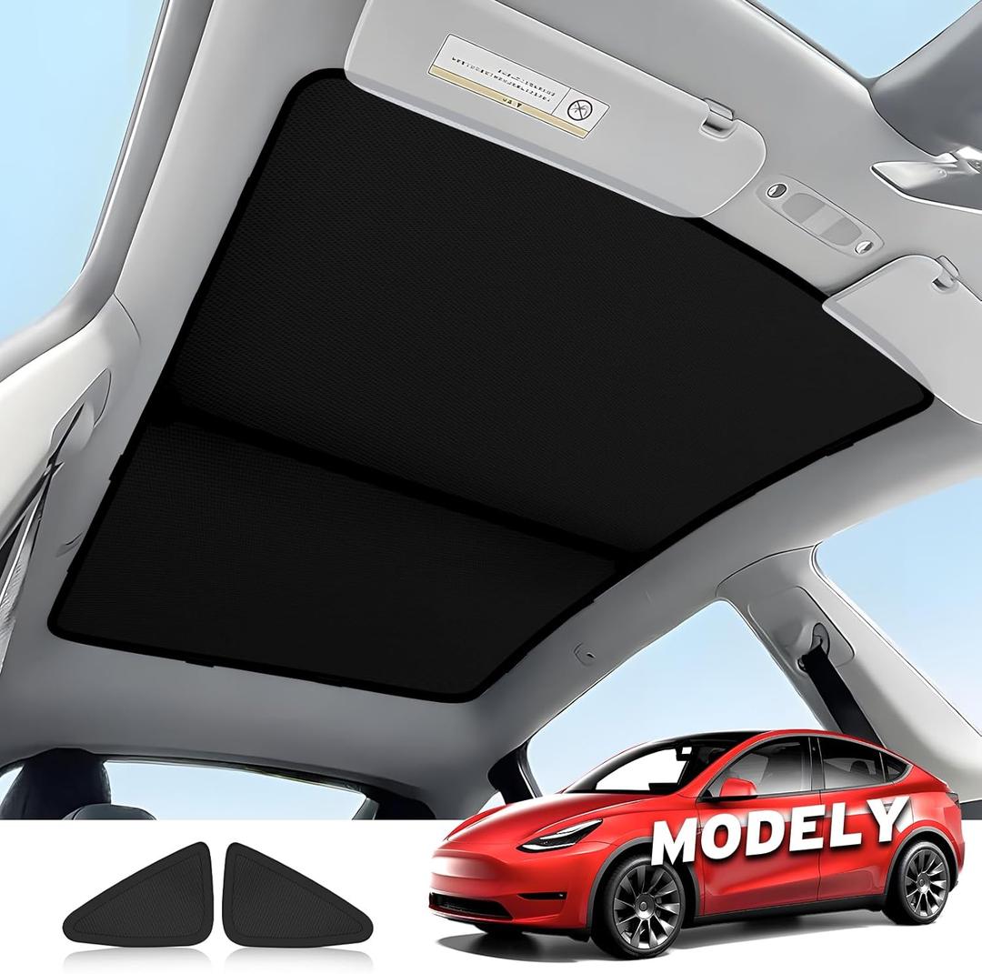 Tesla Model Y Roof Sunshades, 2 in 1 Ice Crystal Sunshade for Tesla Model Y 2021-2023 2024 with Triangular Sun Shades UV/Sun Protection Heat Insulation Non-Sag