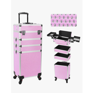 Professional Rolling Makeup Case with Wheels, 5-in-1 Makeup Train Case, Cosmetic Makeup Trolley Cart Travel Cosmetology Case On Wheels with Key for Hairstylists, Nail Tech (Pink Crystal)