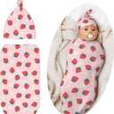 Swaddling Blanket for Baby, Sleeping Sacks, Unisex Baby Stuff with Hat, Strawberry