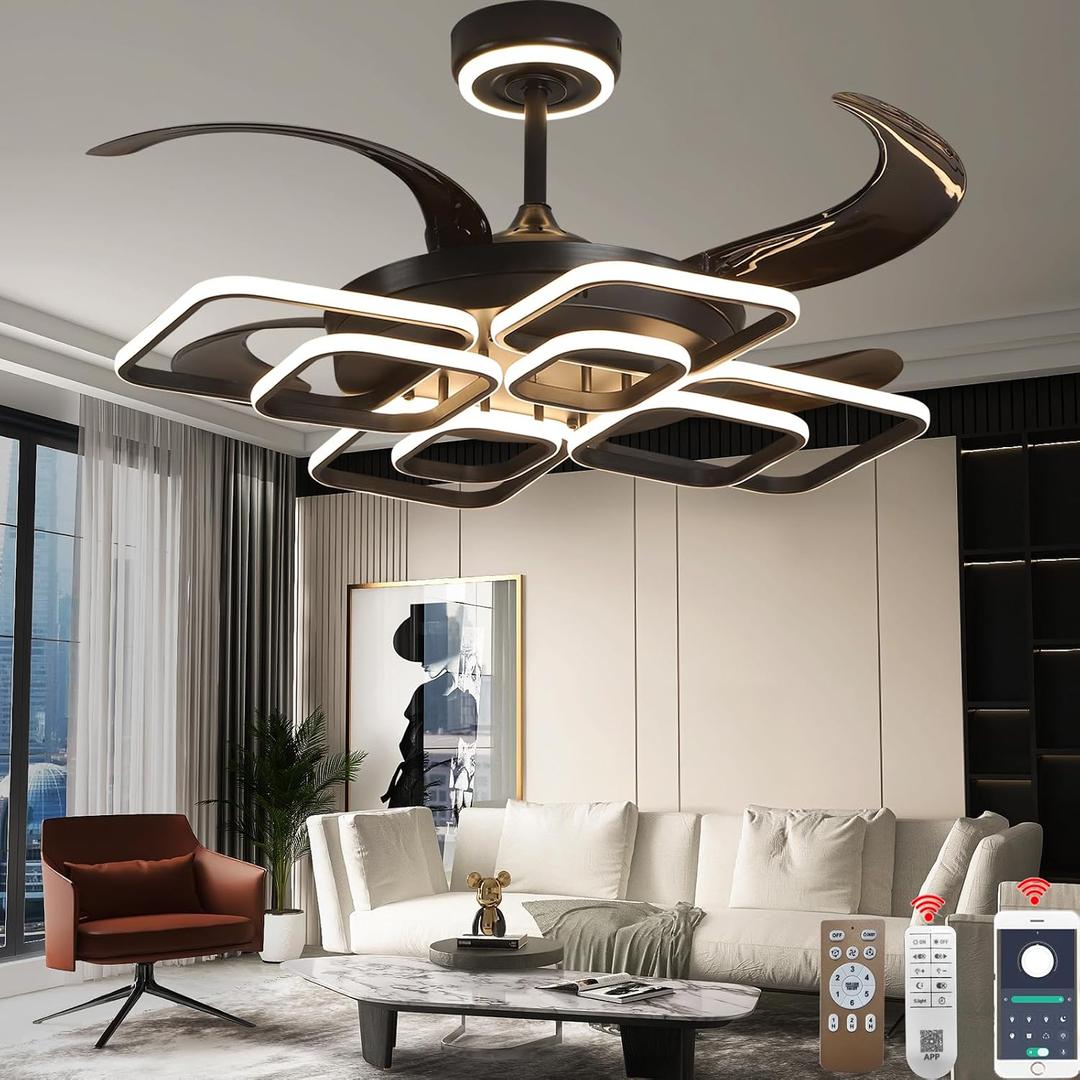 48 Inch Chandelier Ceiling Fans with Lights and Remote, Retractable Fandelier Ceiling Fan for Bedroom Indoor Decoration, 3 Color Changeable, Dimmable with App, Timer Setting (Black DCFS25001)