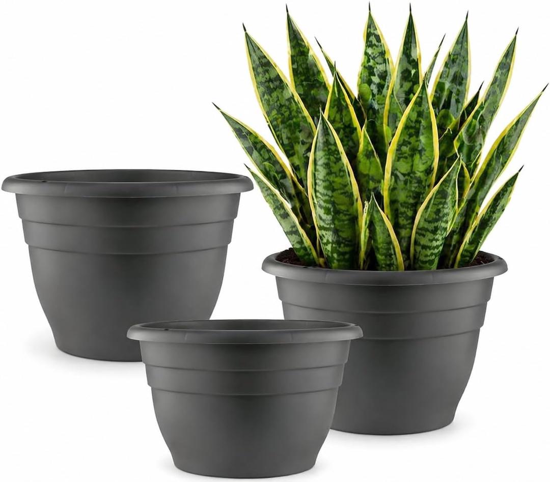 RooTrimmer 3 Pack 11 Inch Plant Pots with Drainage Hole and Plug,Plastic Flower Pots for Indoor & Outdoor Plants,Lightweight Plant Pots Perfect for Herbs,Flowers & Succulents(Gray)