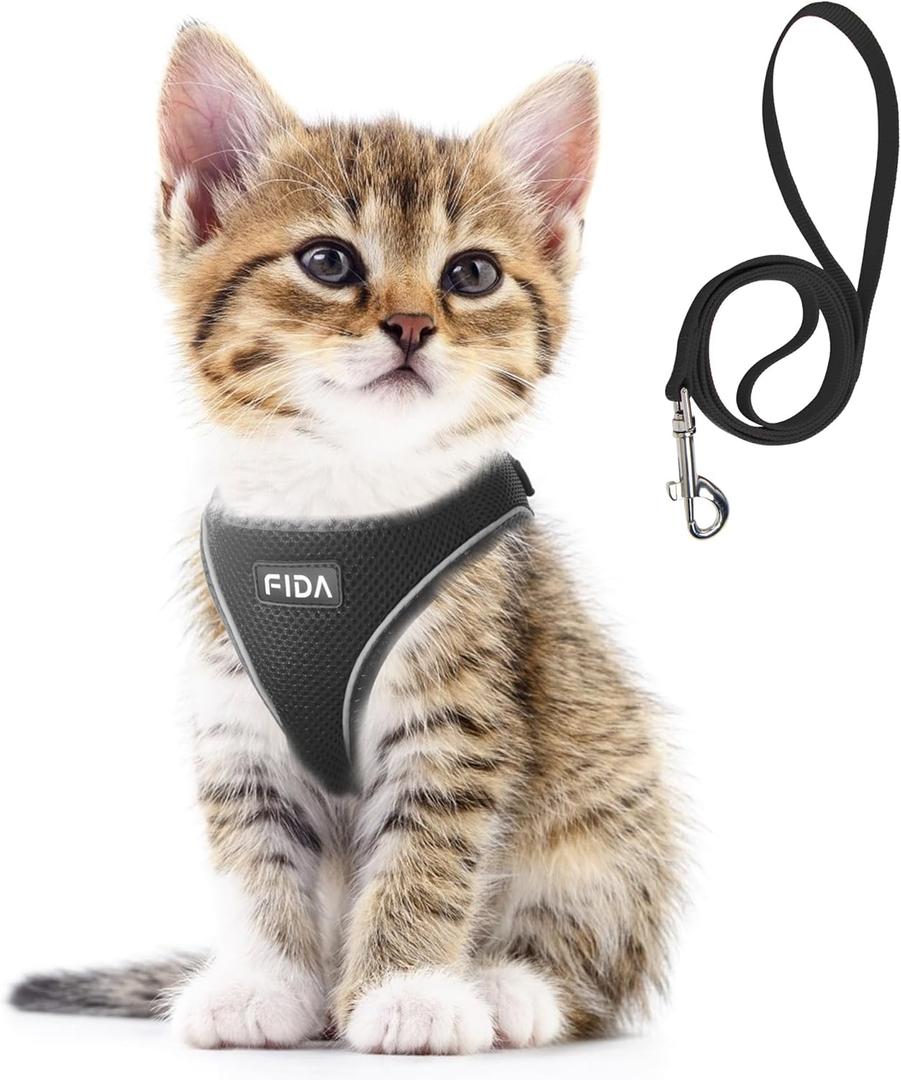 Fida Cat Harness and Leash Set for Walking Kitten and Puppy, Escape Proof Kitten Harness with Breathable Lightweight Soft Mesh, Adjustable Reflective Step-in Design for Kitten and Puppy.(XXXS, Black) (XXXS (Neck:10.2"-11.4"; Girth:11.4"-12.6"))