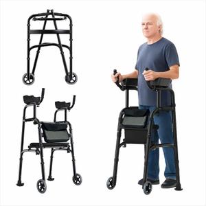 Folding Walker with Armrest Pad - Upright Walker for Seniors, Standing Mobility Aid for Indoor & Outdoor, 300lb Weight Capacity, Height Adjustable (Black+Rest Bench)