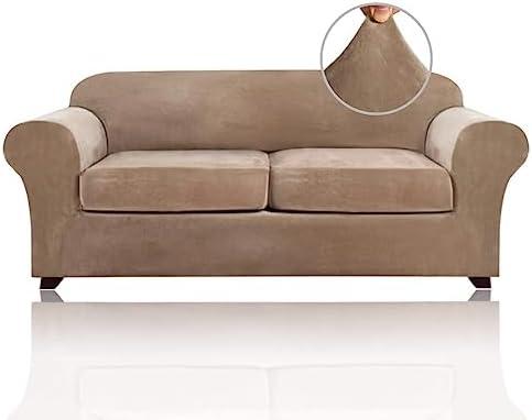PrinceDeco Couch Cover Velvet Plush Sofa Covers for 2 Cushion Couch Width Up to 90 Inch Washable Furniture Protector Pet Friendly No Slip Sofa Slipcover(Medium-Large, Camel)