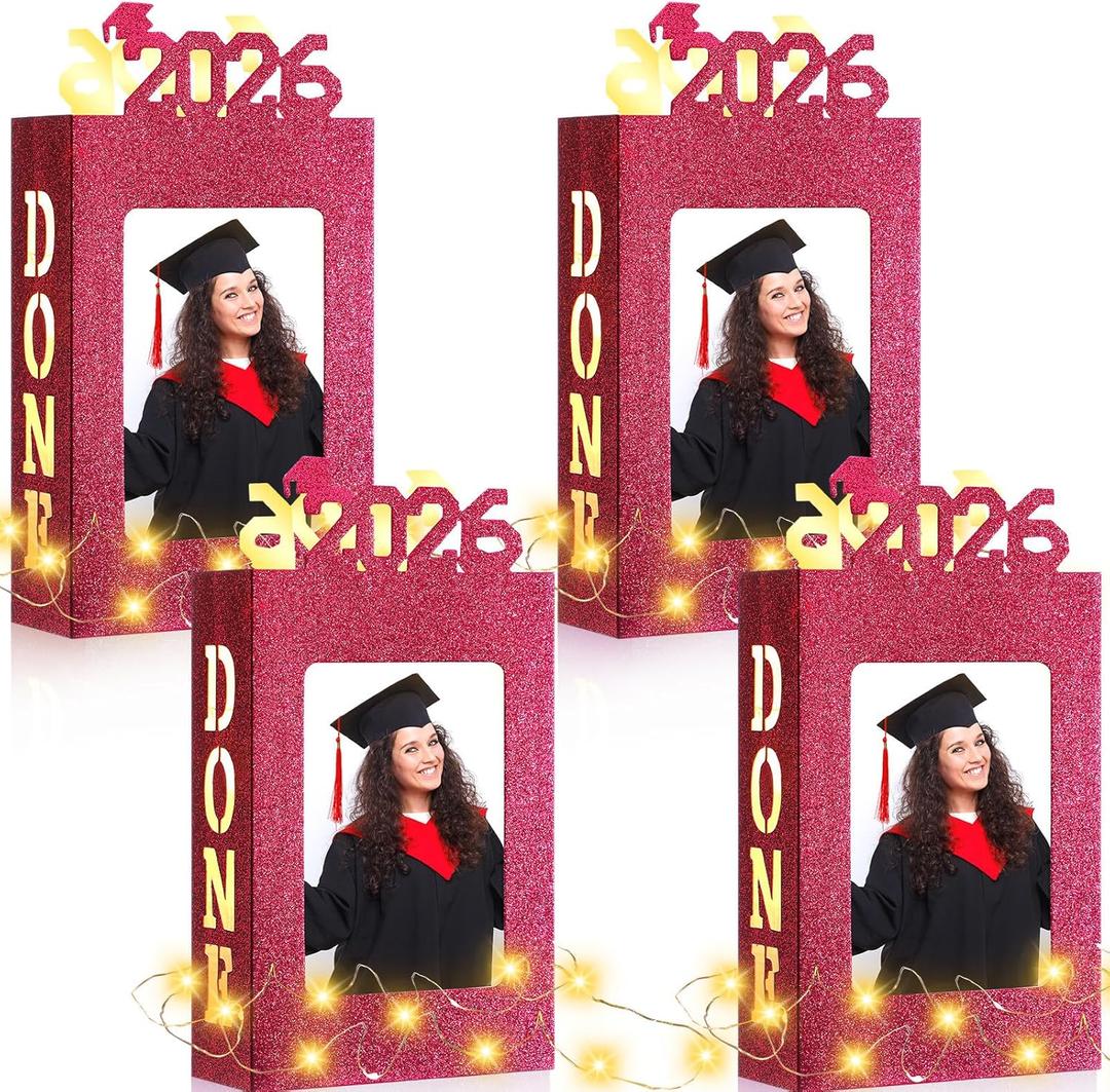 4 Sets Graduation Centerpieces Boxes for Table Decorations Light up 2026 Graduation Picture Frames Display with Done Grad Party Favor Gifts for College Graduate Class of 2026 Photo Props(Red)