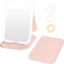 Upgraded Lighted Travel Makeup Mirror, 72 LEDs Portable Mirror with Lights, 3 Color Travel Mirror with Light, Touch Screen, Dimmable, Rechargeable, Angle Adjustable with Non-Slip Base, Pink
