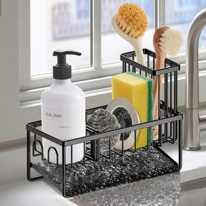 Sinnsally Sponge Holder for Kitchen Sink Organizer Caddy, Dish Brush Scrubber Holder, Stainless Steel Sink Box Holder with Stand, Soap Dispenser Set Tray Counter Accessories & Storage Rack (Black)