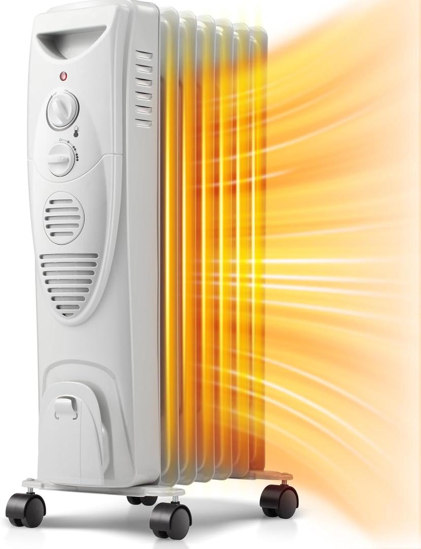 Kismile 1500W Oil Filled Radiator Heater, Portable Electric Heater with 3 Heat Settings, Adjustable Thermostat, Overheat & Tip-Over Protection, Oil Heaters for Indoor Use (Grey) (26.1inches)