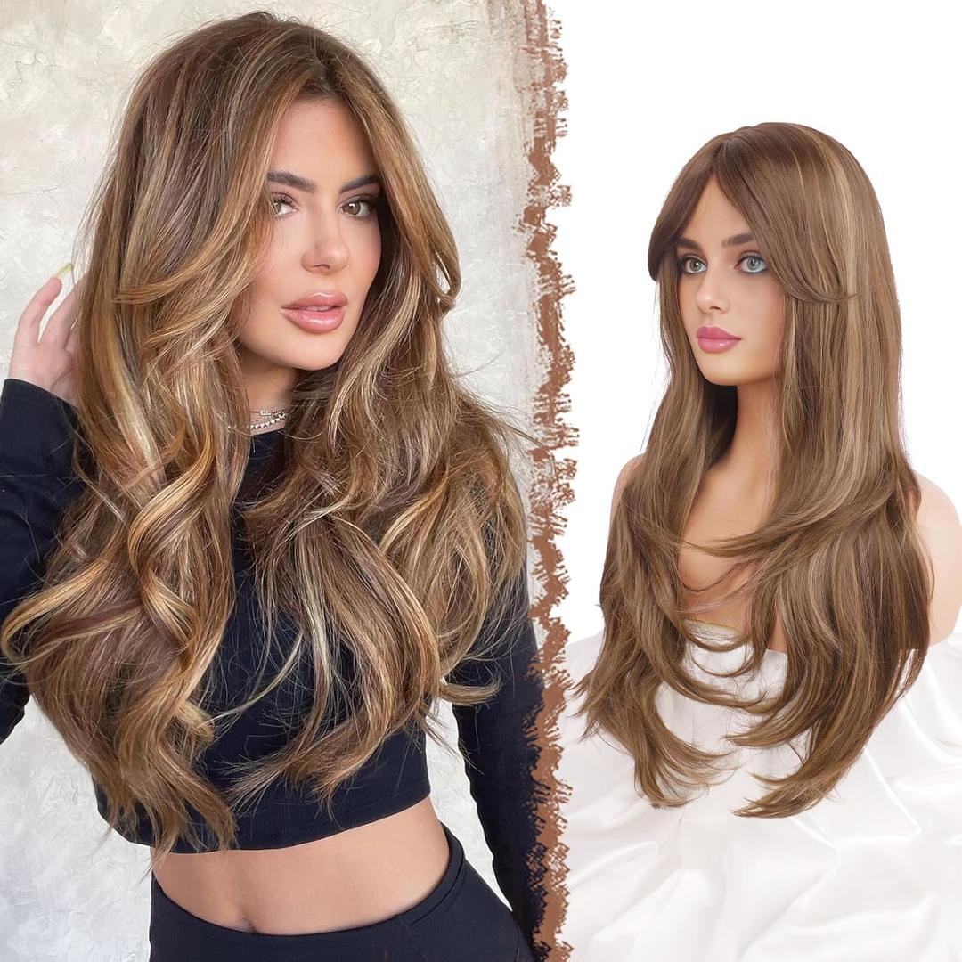 FESHFEN Brown Blonde Wigs for Women, Long Layered Wigs with Curtain Bangs Natural Looking Synthetic Hair Wig for Daily Use Party, 26 inch Blonde Mixed Brown