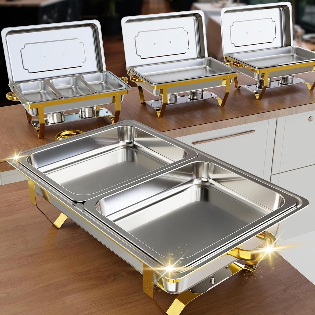 Chafing Dish Buffet Set 4 Pack, 9.5 QT Stainless Steel Chafing Dishes for Buffet Elegant Gold and Silver Colors Catering Chafer Warmer Set with Full,Half,1/3 Food Pan, for Parties Wedding