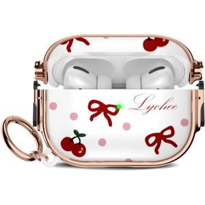 Maxjoy for Cute Airpods Pro 2 case with Safety Lock,Compatible Airpods Pro Case 2nd/1st Gen,Compatible Red Bow Cherry AirPods Case Cover for Women Girly with Keychain-Transparent