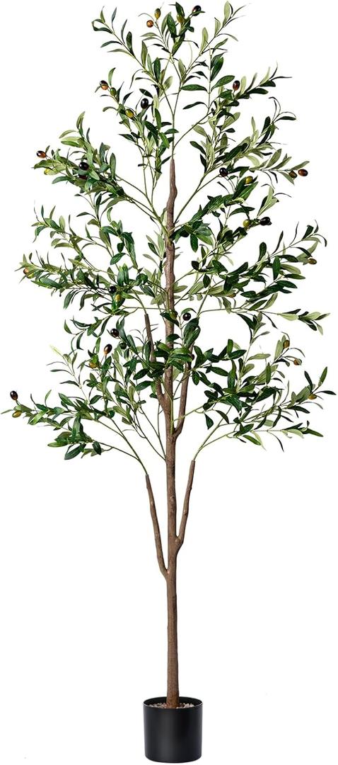 Olive Tree, 6FT Tall Faux Olive Tree with Moss and Planter, Olive Trees Artificial Indoor with Realistic Wood Trunk and Lifelike Fruits, Fake Tree for Home Office Living Room Decor