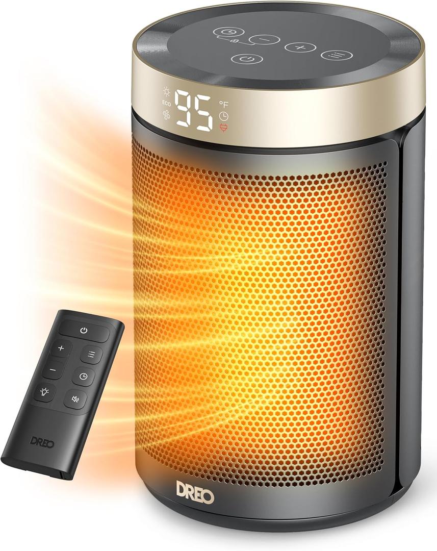 DREO Space Heater, Portable Electric Heaters for Indoor Use with Thermostat and Remote, 2024 Upgraded, Digital Display, 12H Timer, 5 Mode, 1500W PTC Ceramic Fast Safety Heat for Office Bedroom Home (10 inch, Gold)