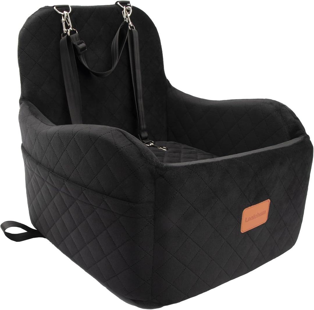Lealchum Dog Booster Car Seat for Small/Medium Dogs Up to 35lbs,Elevated Cushion Fits in Front/Back Seat,Fully Detachable and Washable,2 Storage Pockets & Dog Leashes,Easy to Install (Black,Medium)