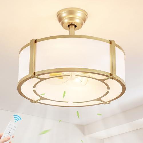 Boho Gold Caged Ceiling Fan with Light and Remote, White Fabric Low Profile Semi Flush Mount Fandelier Ceiling Fans with Lights, Modern Chandelier Fan 6-Speed for Bedroom, Nursery, Living Dining Room