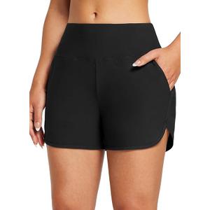 Baleaf Women's High Waisted Swim Board Shorts Quick Dry Swimsuits Bottoms Trunks with Pockets, Size L, Black
