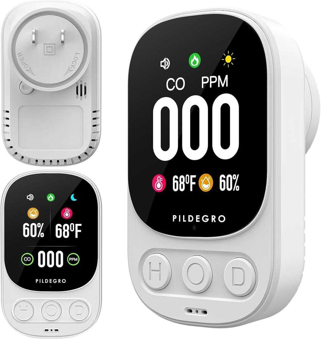 Pildegro 3in1 Carbon Monoxide Detector Plug in, Professional 2.1" LED PlugandPlay RealTime CO Monitor with Temp & RH, Premium Portable Travel CO Alarm with 85dB Loud Alarm (White/Classic)