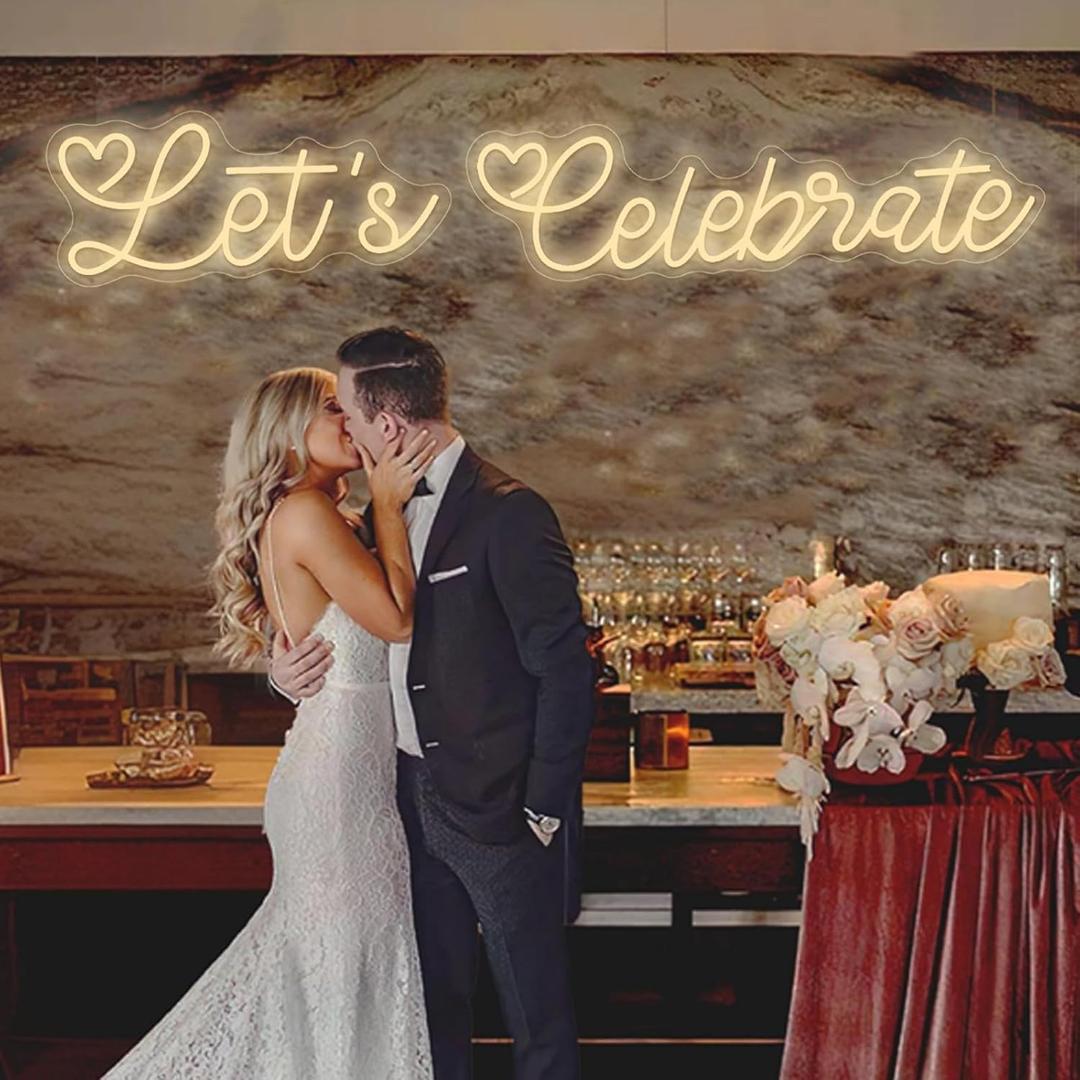 Let's Celebrate Neon Sign Warm White Neon Light 49.248.34inch for Wall Wedding Home Bar Party Decor Gifts Personalized Name Sign for Business