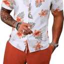 GORGLITTER Men's Hawaiian Matching Set Summer Beach 2 Piece Outfits Flower Button Down Shirts and Shorts Set (Large, Orange and White)