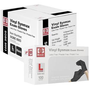 Disposable Medical Synmax Vinyl Exam Gloves- 4 mil Safty Glove 1000pcs - Latex-Free & Powder-Free - SGBE 8003, Large (Case of 1000, Black) (Black, L)