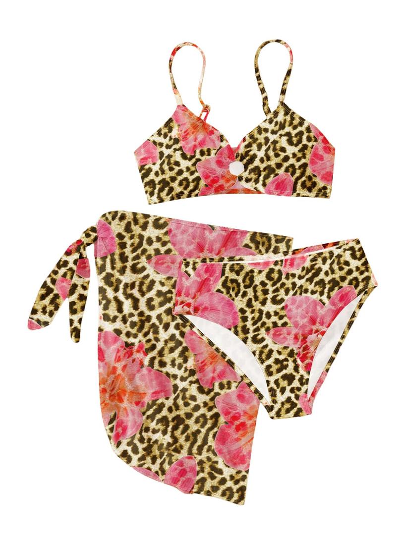 RoseSeek Girl's 3 Piece Bikini Set Floral Leopard O-Ring Swimsuit Beachwear