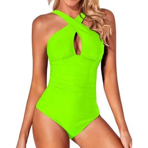 Tempt Me Women One Piece Swimsuits Front Cross Keyhole Tummy Control Backless Bathing Suit (Small, Neon Green)