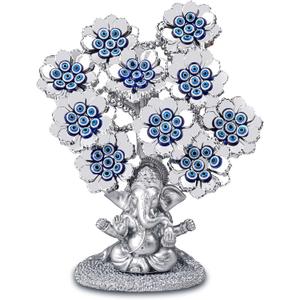 Evil Eye Flowers Lucky Tree with Silver Ganesha Hindu Elephant God Statue Home Office Feng Shui Protection Ornament Blessing Gift