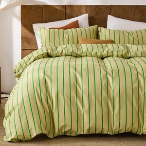Merryword Striped Duvet Cover Set Queen Size - 100% Cotton Duvet Cover Set, Khaki & Green Stripes Pattern Comforter Cover 3 Pieces, Soft Linen Like Bedding Set for All Seasons