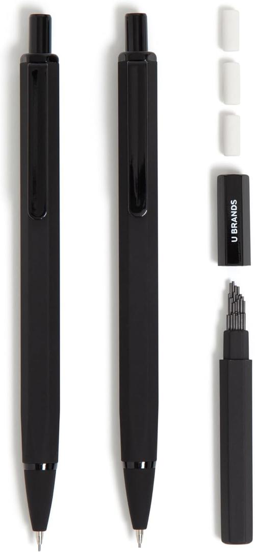 U Brands Cambria Mechanical Pencils, Set of 2, Midnight Black, Soft Touch, Medium (0.7 mm) Point, Lead and Eraser Refills