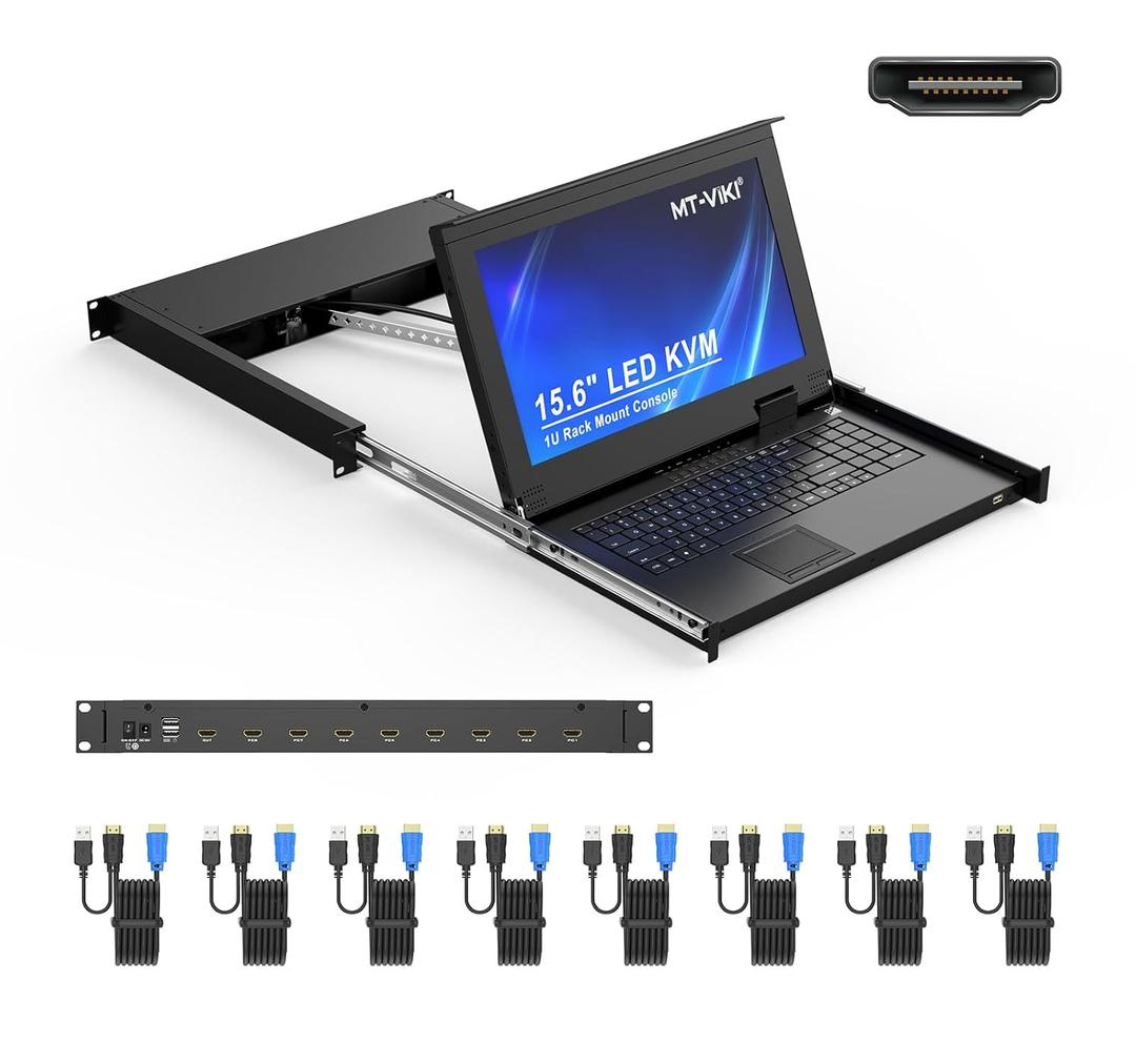 MT-VIKI 8 Port KVM Console w/15.6'' LCD Monitor, HDMI, 1U Rack Mount, 1080P Short Depth, Integrated Touchpad+Keyboard+Drawer, 8 KVM Cables, Support OSD/Hotkey
