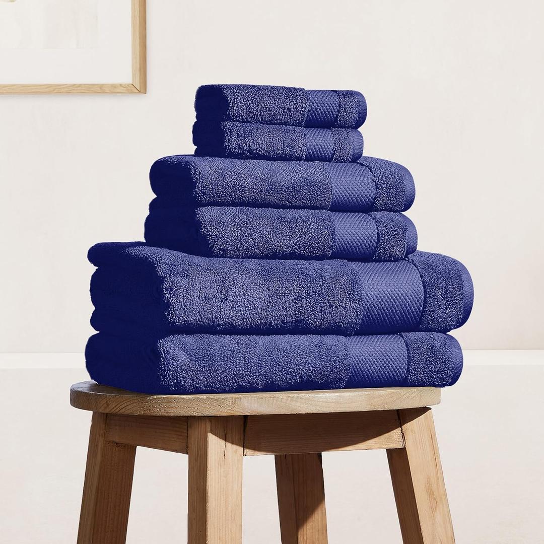 BIOWEAVES 100% Organic Cotton Bath Towel Set | 700 GSM Plush 6-Piece Premium Towel Set GOTS Certified, 2 Bath Towels, 2 Hand Towels & 2 Washcloths - Navy Blue