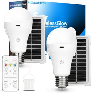 Solar & USB Rechargeable Light Bulbs With Remote + Touch Control, 3 Colors & Dimmable, Large Solar Panel 1800mAh Battery Powered Light Bulb, Battery Light Bulbs Indoor For Home Camping Shed (2 Count (Pack of 1))
