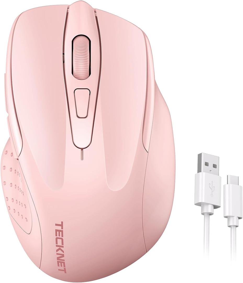 TECKNET Rechargeable Wireless Mouse, 2.4G Silent Quiet Click, 6 Adjustable 4800 DPI, Cordless Computer Mouse, Ergonomic Mouse for Laptop, 6 Buttons USB for Chromebook, Ergo Grip  Pink
