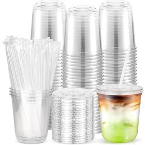 100PCS 12 oz Disposable Plastic Cups with Flat Lids and Clear Straws, Round Bottom To Go Iced Coffee Cups, Small Sturdy Drink Cups for Soda, Smoothies, Cold Beverage, Juice Bars, Valentine's Day