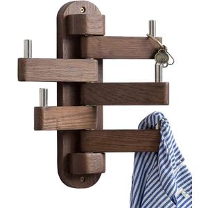 Coat Hooks for Wall, Oak Wood Wall Hooks with 5 Swivel Foldable Arms, 12'' Length Coat Rack Hat Hooks for Bathroom Entryway Bedroom Office Kitchen, Heavy Duty (Walnut)