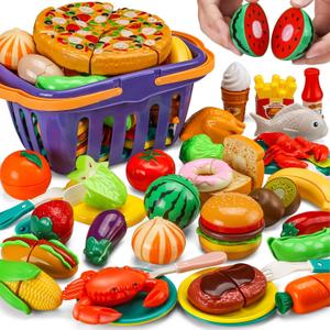 42 Items 87 Pcs Cutting Play Kitchen Set for Kids, Pretend Cooking Fruit &Vegetables&Fast Food with Storage Basket, Fake Food Toys for Toddler&Baby, Educational Gift for Girls Boys Children Birthday
