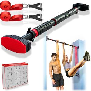 IRONSURGE Pull Up Bar for Doorway 6-piece Set with Two Attachable Resistance Bands, Training Manual, Door frame Chin Up Bar, and Two Angled Supports For Home Gym Workout, No Screws, Max 680lbs - 26"-37"