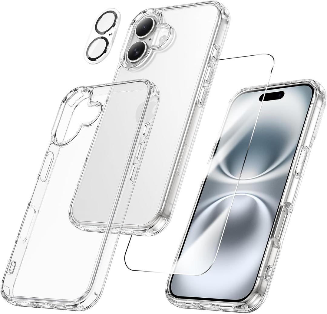 Maxdara for iPhone 16 Clear Case, iPhone 16 Case with Tempered Glass Screen Protector and Camera Lens Protector Drop Protection Slim Phone Case for iPhone 16 6.1 Inch (Clear+Clear)