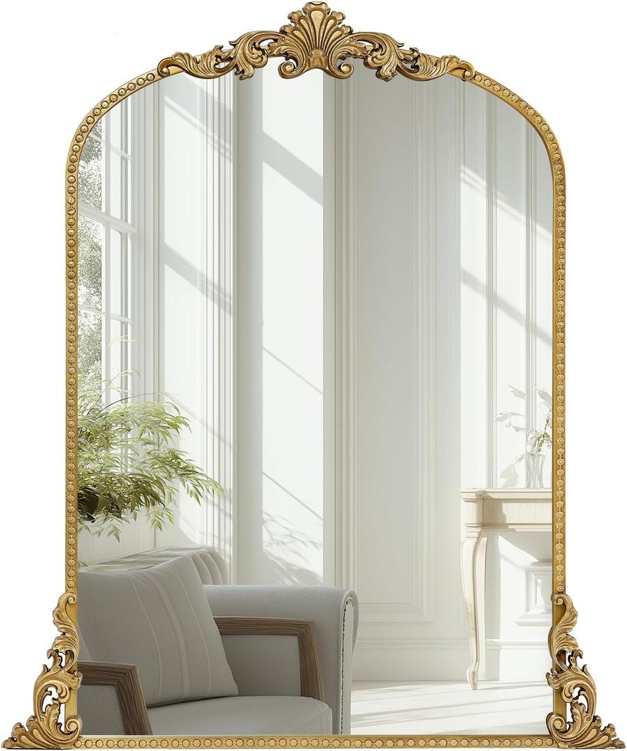 Growsun Vintage Gold Arched Mirror, 24''x36'' Antique Baroque Wall Mirror Decor, Traditional Ornate Mirror with Full Metal Frame for Fireplace/Entryway/Living Room/Bathroom