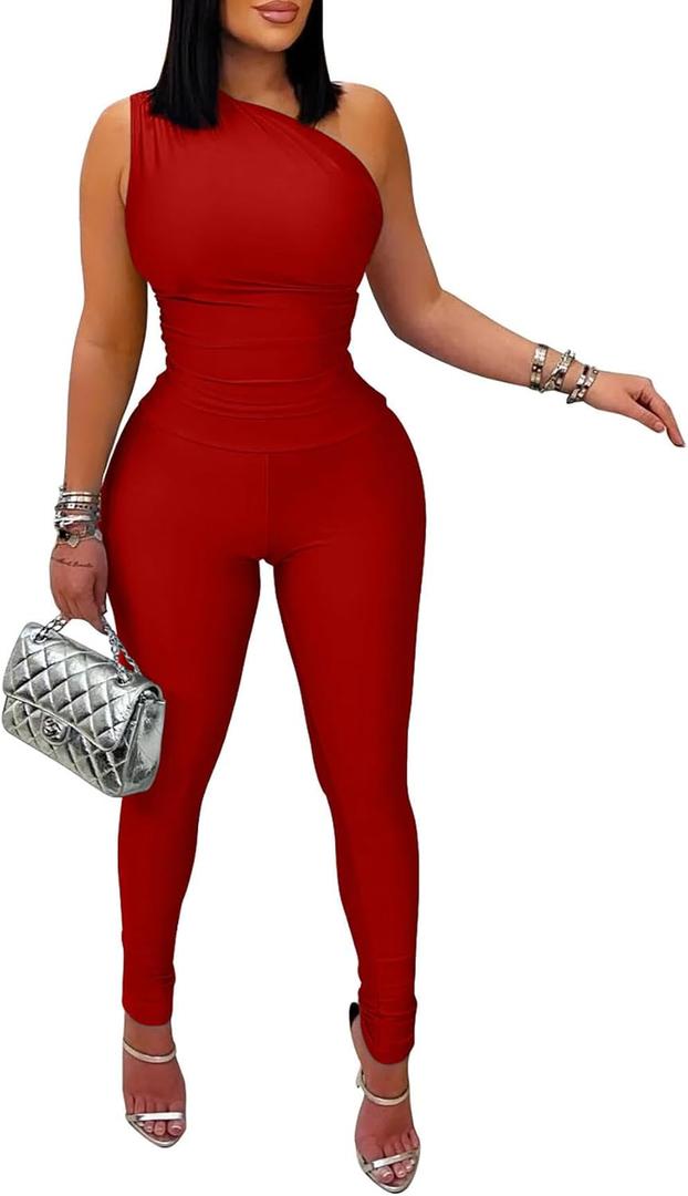 Memoriesea Women's Sexy Jumpsuits One Shoulder Bodycon Rompers One Piece Outfits (Large, Red)