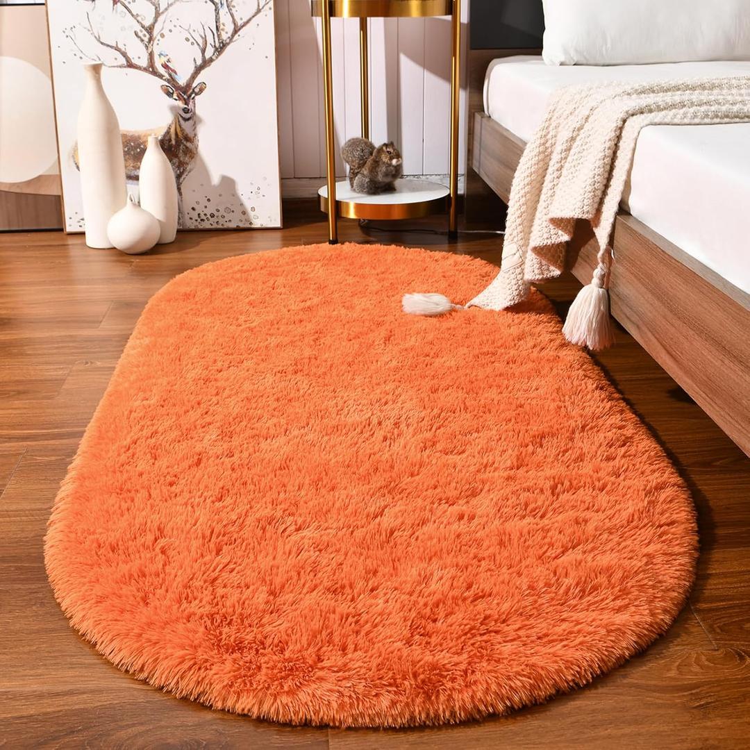 Softlife Fluffy Rugs for Bedroom, Shag Cute Area Rug for Girls/Boys and Kids Baby Room Home Decor, 2.6 x 5.3 Feet Oval Indoor Carpet for Nursery Dorm Living Room, Orange