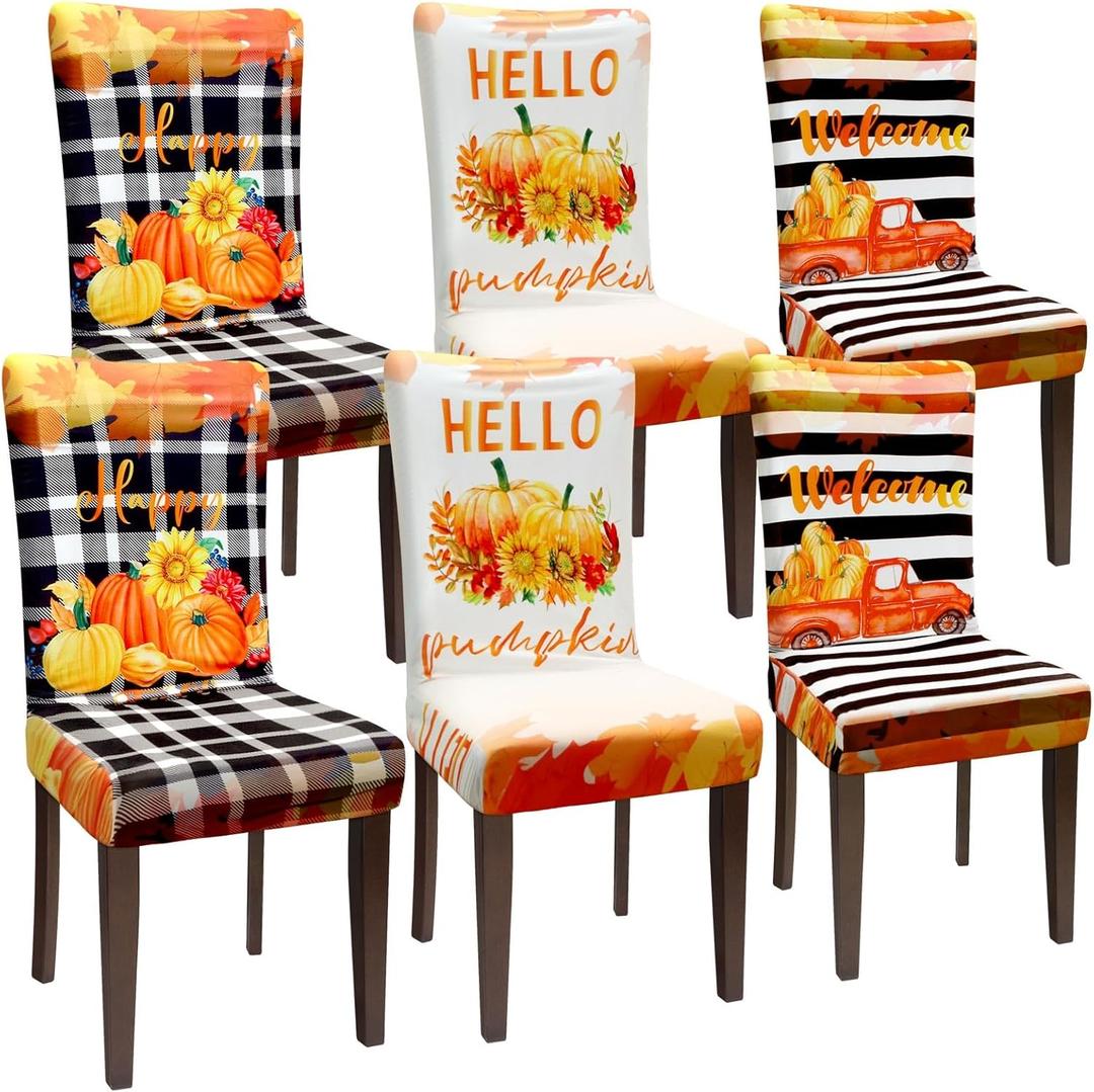 Preboun Fall Chair Covers Set of 6 Thanksgiving Dining Protector Stretch Autumn Pumpkin Truck Maple Leaves Slipcovers Removable Washable for Dining Hotel Party Wedding