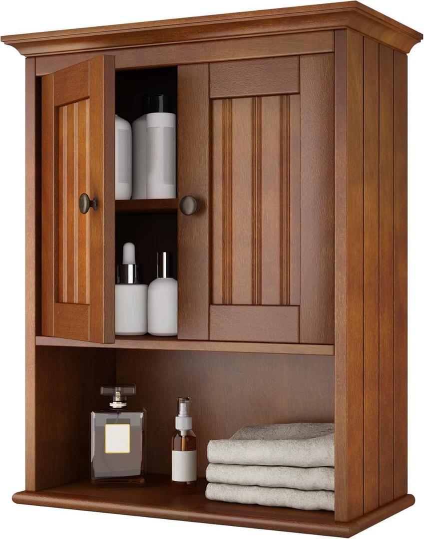 Treocho Wood Wall Cabinet, Bathroom Medicine Cabinet Storage with Doors and Adjustable Shelf, Rustic Cabinet Wall Mounted for Bathroom, Livingroom, Kitchen, Cupboard, Reddish Brown, 18.9 x 9.25 x 23.43 inches