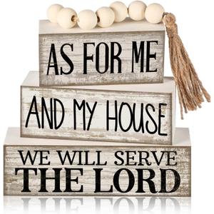 Yuntau 4 Pcs Farmhouse Bible Verse Decor Farmhouse Tiered Tray Decor Rustic Retro Wood Bead Garlands for Me and My House We Will Serve the Lord Block Christian Jesus Sign for Home Shelf Mantel
