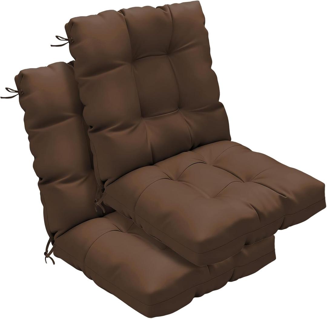 Outdoor Chair Cushions Set of 2, 42x21x4 Inch Patio Cushion for Dining/Rocking Chairs, High Back Soft Seat Pad with Ties, Indoor Outside Use, Fade-Resistant & Waterproof, Brown