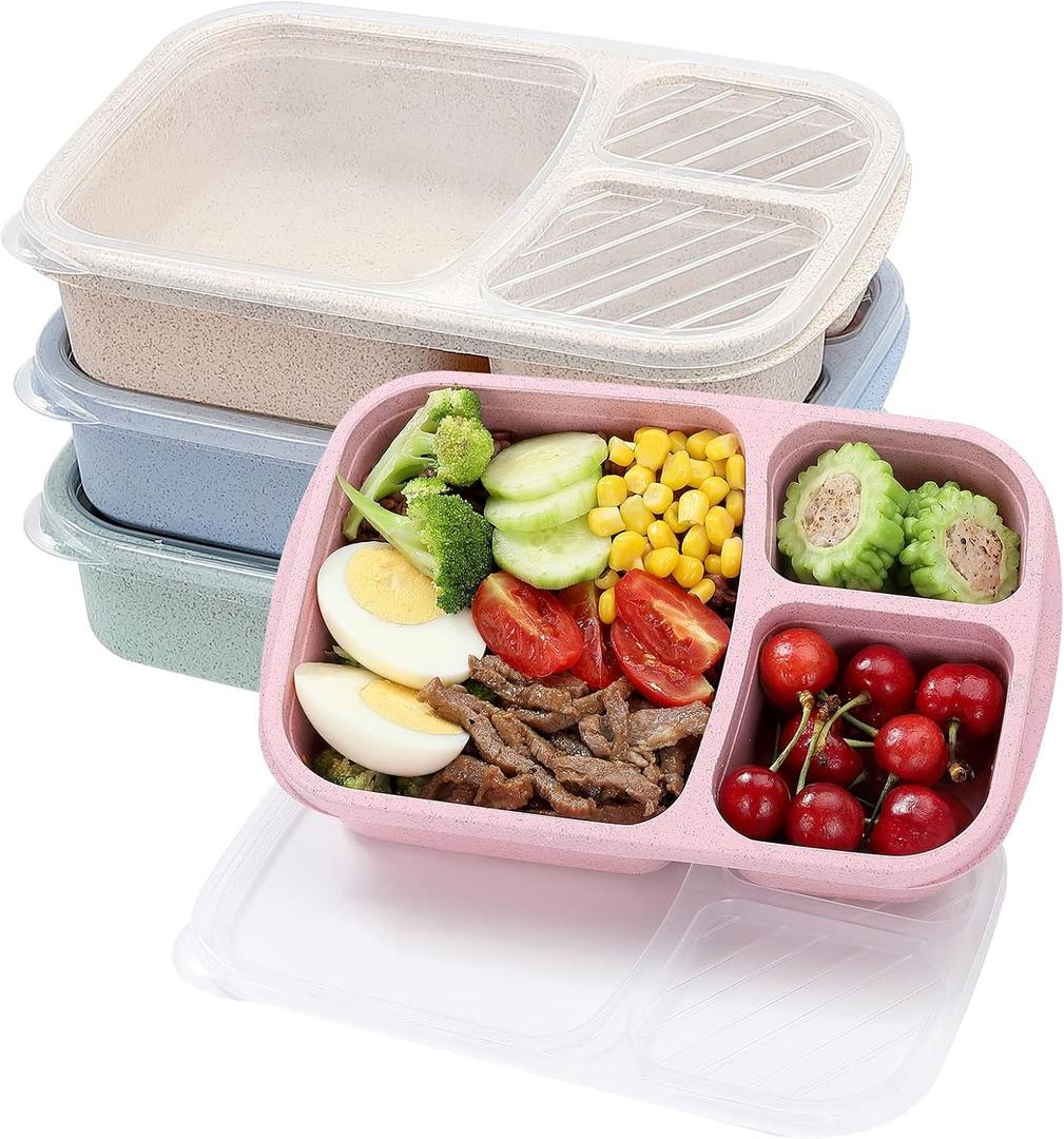 buluker 4 Pack Bento Lunch Box Set 3 Compartment Food Storage Containers Wheat Straw Meal Prep Lunch Box Plastic Food Storage Containers, Microwave and Dishwasher Safe (Light Colour)