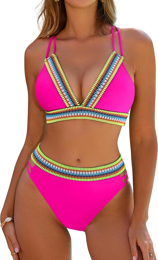 Blooming Jelly Womens High Waisted Bikini Sets Color Block Two Piece Swimsuit V Neck Crisscross Back Bathing Suit (Large, Hot Pink)